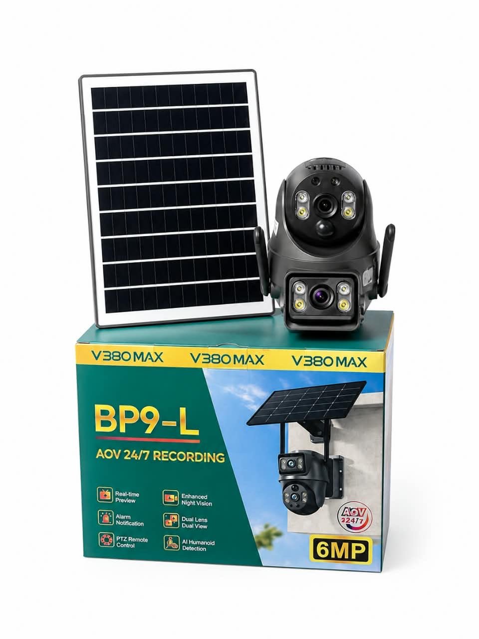V380 MAX BP9-L Solar PTZ Outdoor Security Camera with AOV 24/7 Recording